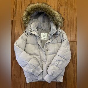 Abercrombie Kids Light Gray Puffer Jacket with Faux Fur Trim